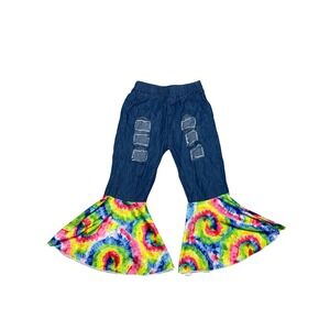 Kids Tie Dye Bell Bottom Jeans Distressed Ripped Denim Pants Girls Boho